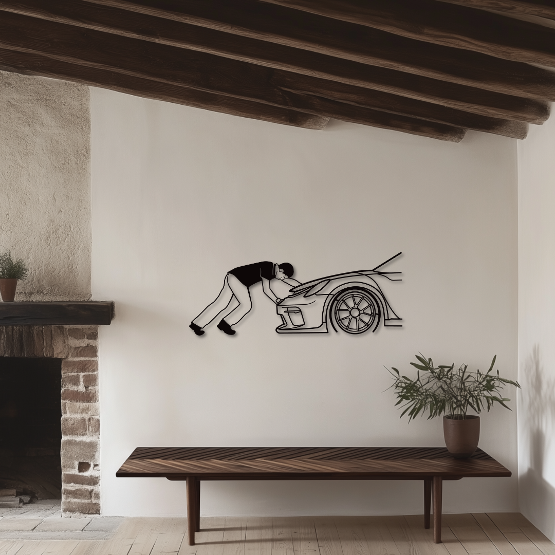 Auto mit Person Metallsilhouette - Wandbild Seitenansicht