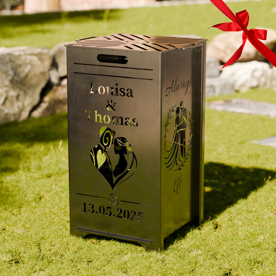 Hochzeits - Feuertonne individuell personalisierbar - Datum, Name, Motiv konfigurieren