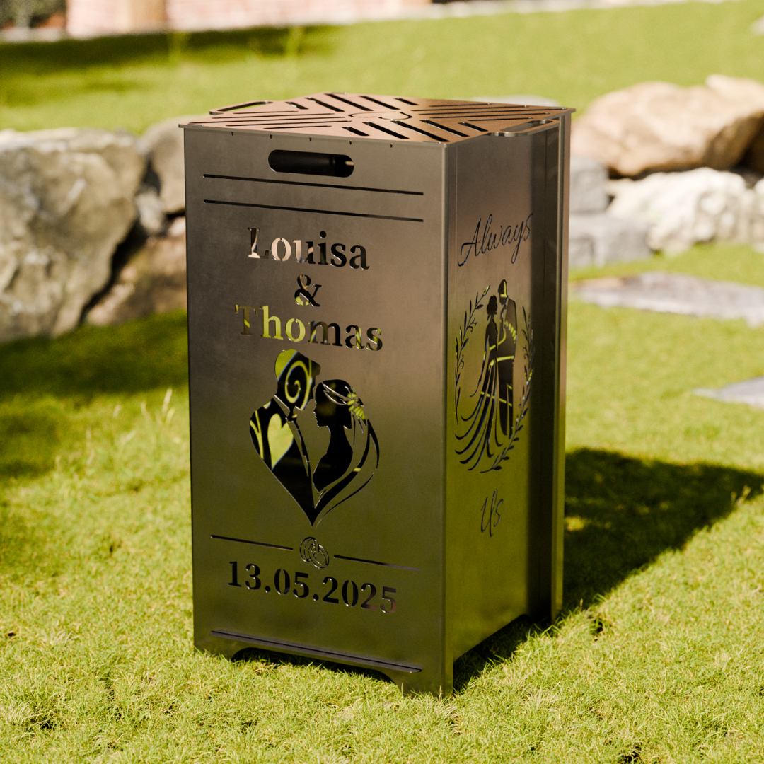 Hochzeits - Feuertonne individuell personalisierbar - Datum, Name, Motiv konfigurieren