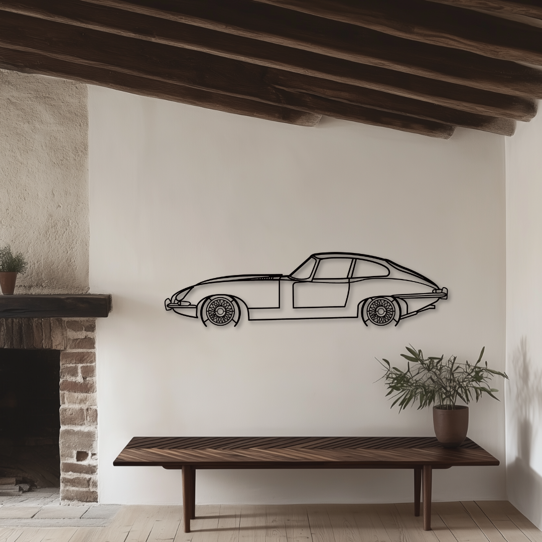 E-Type Serie 1 Coupe Metallsilhouette - Wandbild Seitenansicht