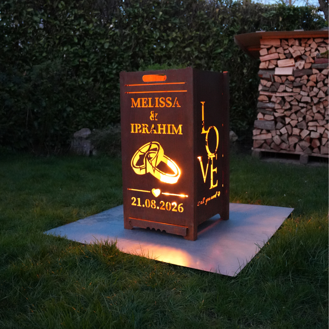 Hochzeits - Feuertonne individuell personalisierbar - Datum, Name, Motiv konfigurieren