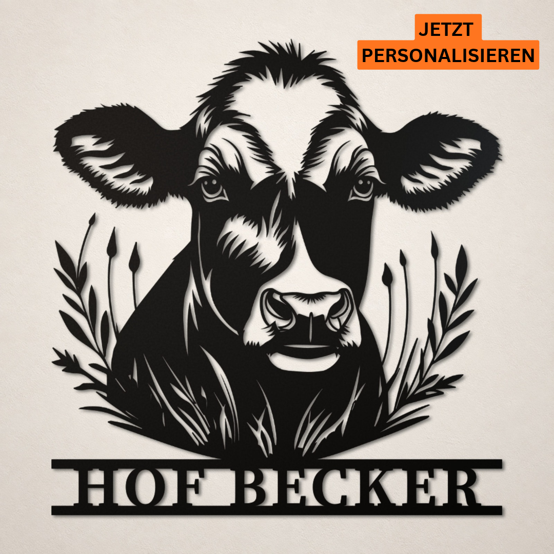 Hofschild Kuh mit Getreide aus Metall - Personalisierbar