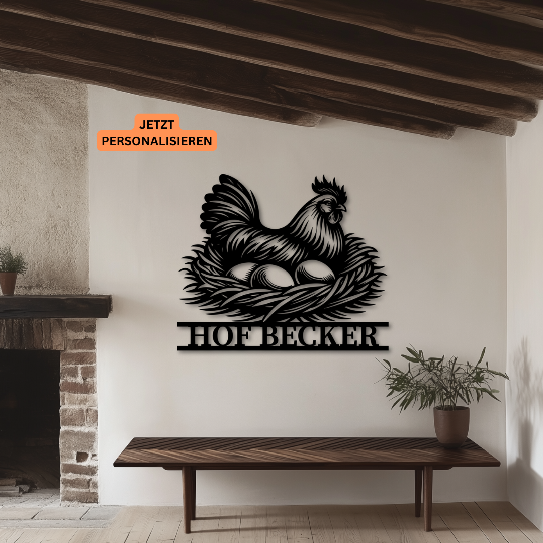 Hofschild Huhn im Nest aus Metall - Personalisierbar
