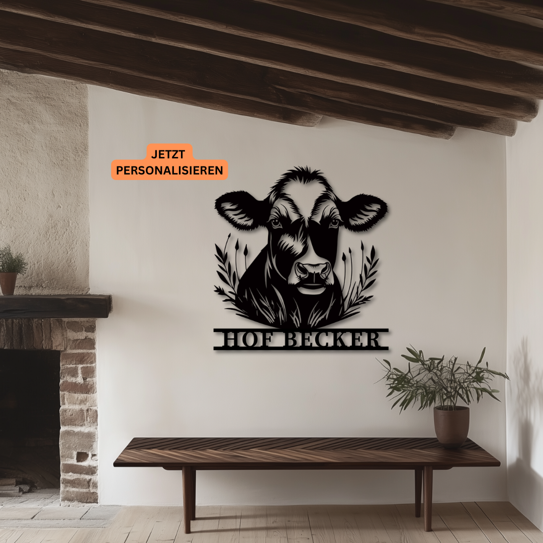 Hofschild Kuh mit Getreide Metallschild - Personalisierbar